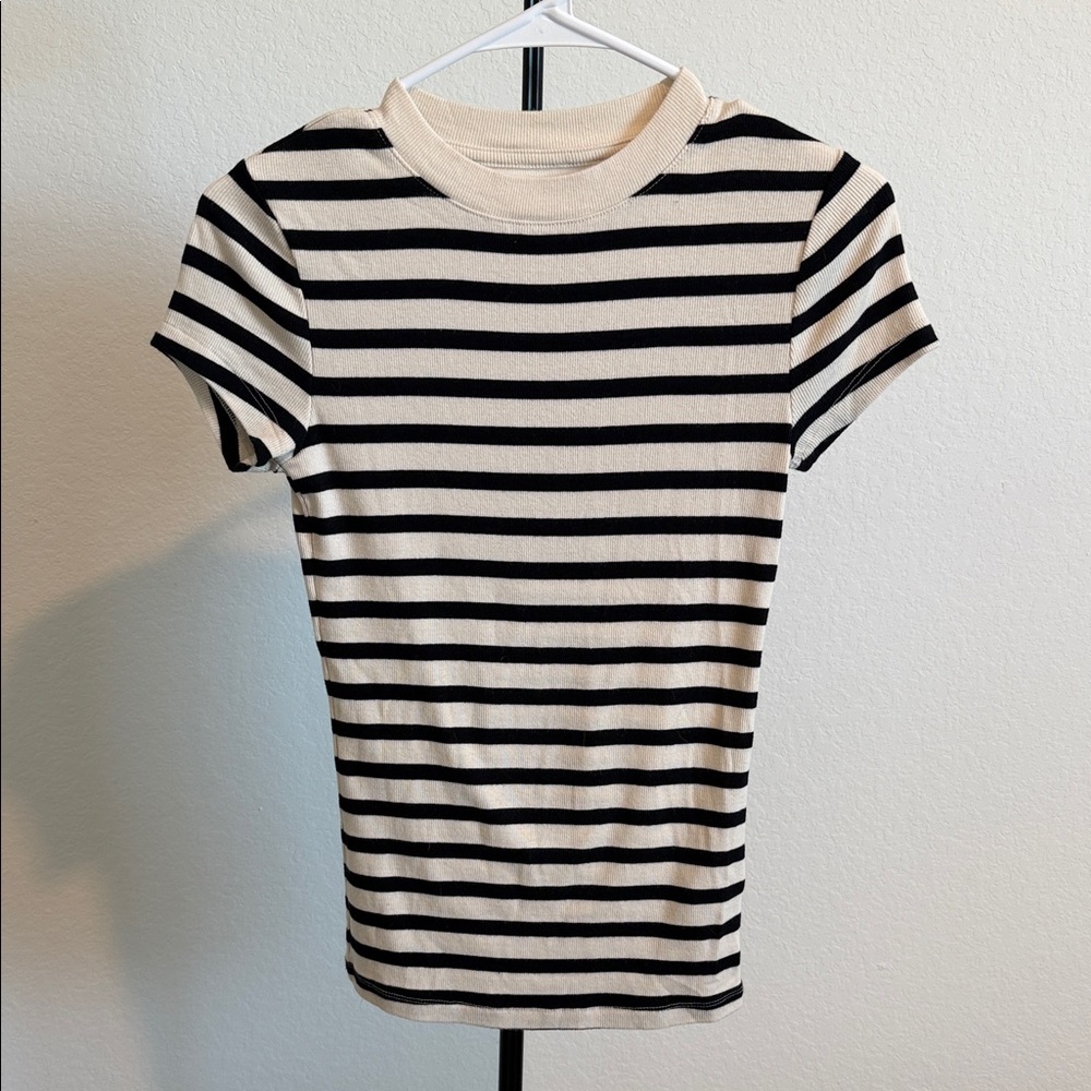 🌿 a new day Black and Cream Striped Tee